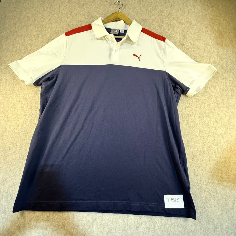 Puma Mens Colorblock Polo Shirt XL Navy White Red Short Sleeve Golf Cat Logo